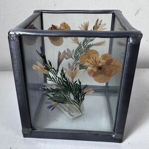 VTG Stained Glass Candle Holder Dried Pressed Flowers‎ International Silver Co